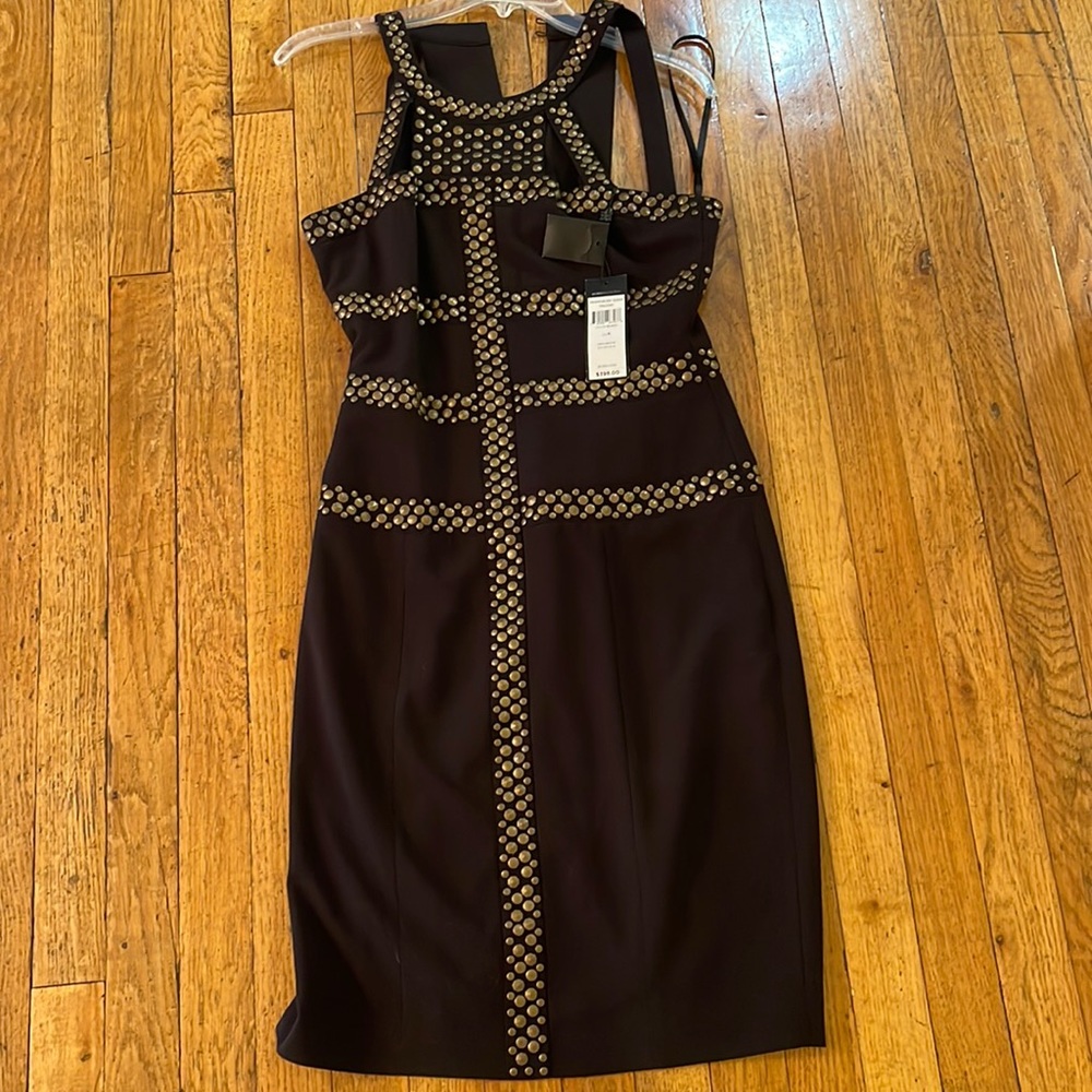 BCBG Black Midi Dress with Gold Studded Trim